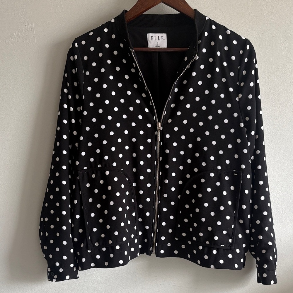 ELLE‎ Black White Polka Dot Bomber Jacket Zip Front Lightweight Women’s